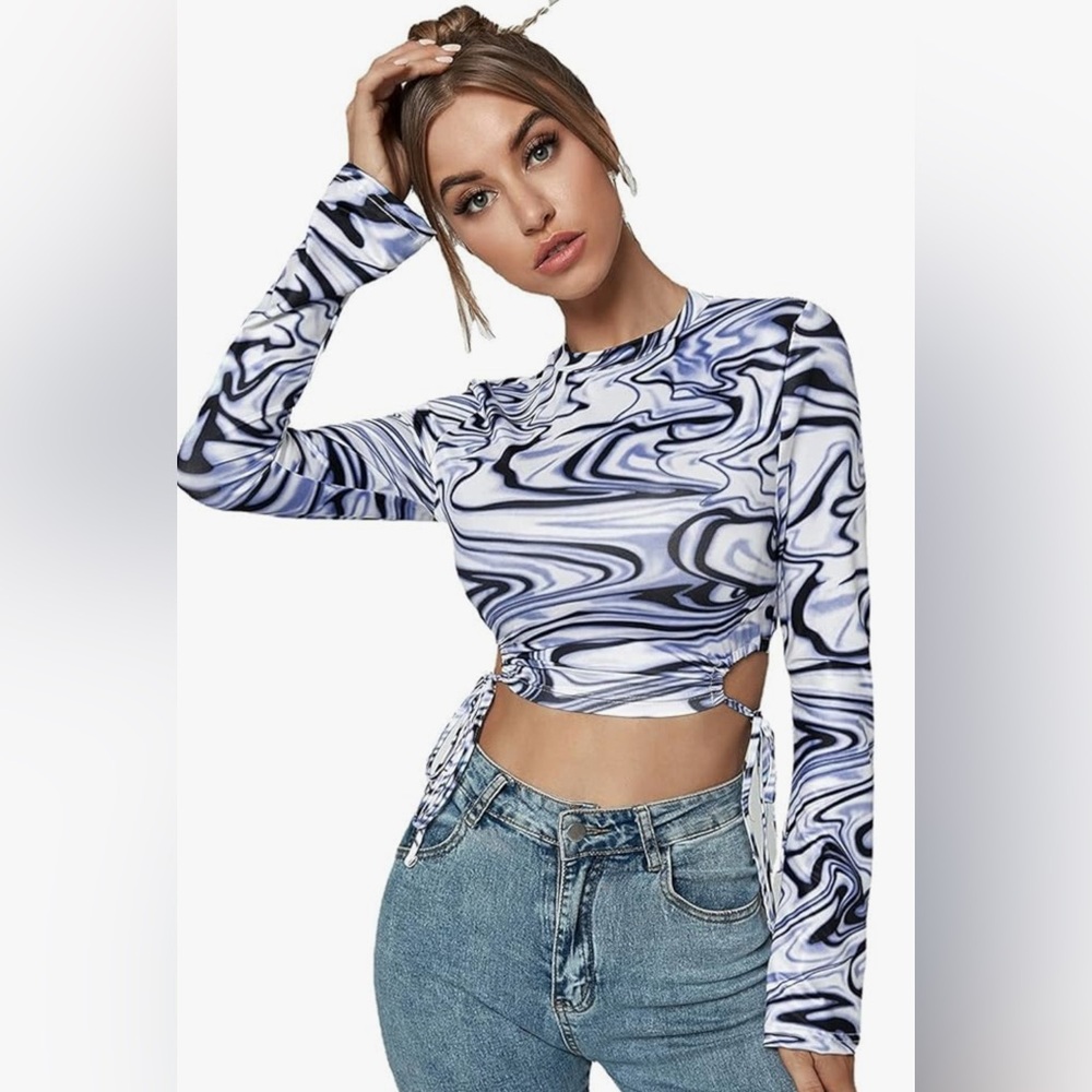 SHEIN Blue and White Ruched Crop Blouse